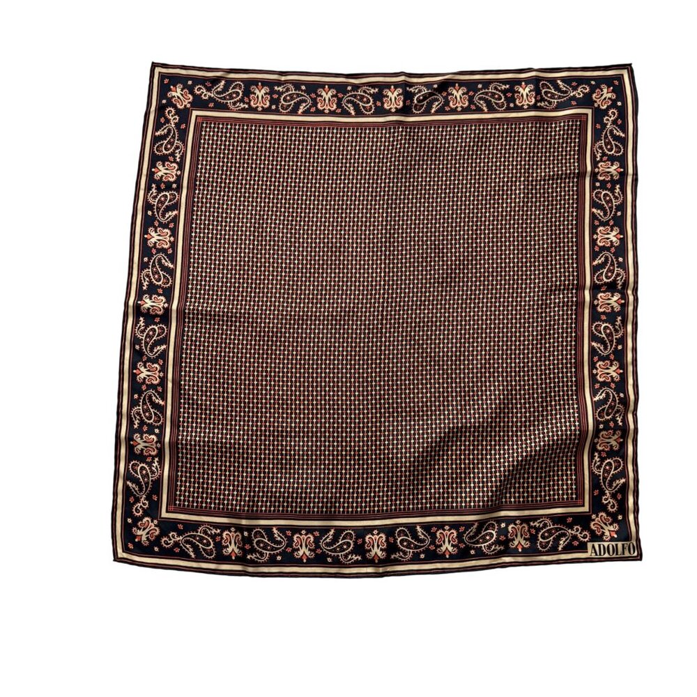 Adolfo Women's Wrap Scarf Beige Black Orange Paisley Square Bandana Vintage